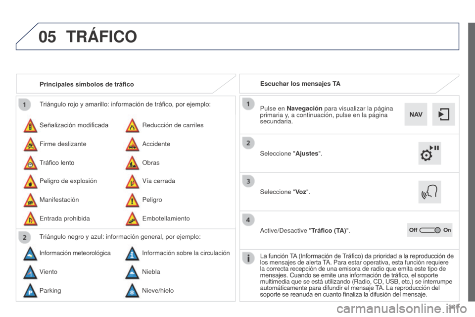 Peugeot 508 Hybrid 2014  Manual del propietario (in Spanish) 307
05
508_es_Chap11c_SMEGplus-i_ed02-2014
Triángulo rojo y amarillo: información de tráfico, por ejemplo:
Señalización modificada
Peligro de explosión Reducción de carriles
Vía cerrada
Firme 