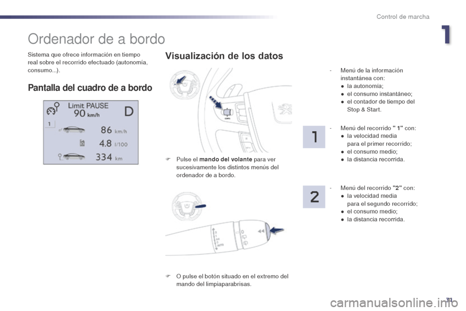Peugeot 508 Hybrid 2014 Manual del propietario (in Spanish) 31
Sistema que ofrece información en tiempo
real sobre el recorrido efectuado (autonomía,
consumo...).
Ordenador de a bordo
Pantalla del cuadro de a bordo
Visualización de los datos
F Pulse el ma Peugeot 508 Hybrid 2014 Manual del propietario (in Spanish) 31
Sistema que ofrece información en tiempo
real sobre el recorrido efectuado (autonomía,
consumo...).
Ordenador de a bordo
Pantalla del cuadro de a bordo
Visualización de los datos
F Pulse el ma