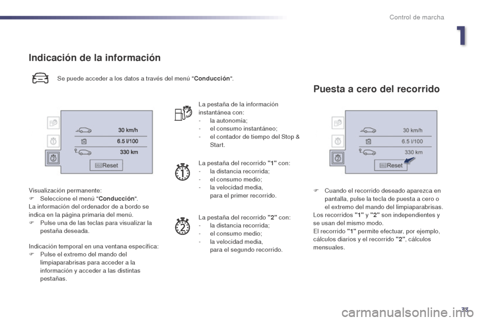 Peugeot 508 Hybrid 2014  Manual del propietario (in Spanish) 33
Indicación de la información
Se puede acceder a los datos a través del menú "Conducción".
Visualización permanente:
F
 
Sel

eccione el menú " Conducción".
La información del ordenador de 