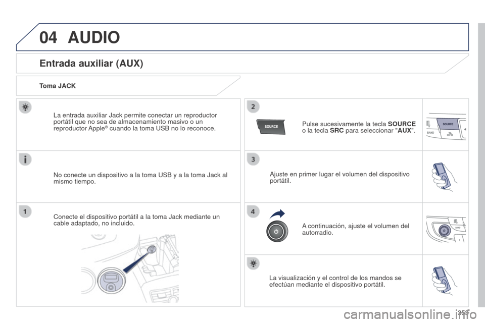 Peugeot 508 Hybrid 2014  Manual del propietario (in Spanish) 353
04AUDIO
Entrada auxiliar (AUX)
Toma JACKNo conecte un dispositivo a la toma USB y a la toma Jack al 
mismo tiempo. La entrada auxiliar Jack permite conectar un reproductor 
portátil que no sea de