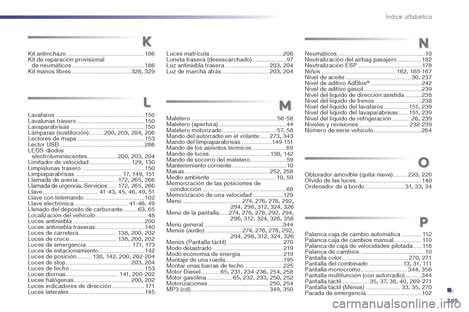 Peugeot 508 Hybrid 2014  Manual del propietario (in Spanish) 369
Neumáticos .....................................................10
N eutralización del airbag pasajero ............... 18
2
Neutralización ESP
 
....................................... 17

8
Ni