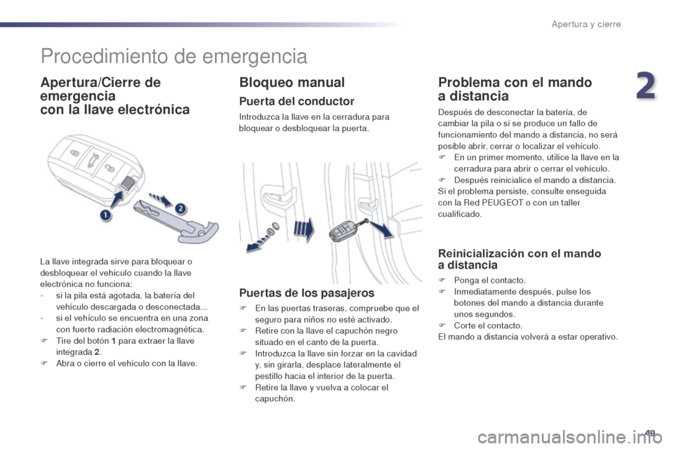 Peugeot 508 Hybrid 2014 Manual del propietario (in Spanish) 49
508_es_Chap02_ouvertures_ed02-2014
Procedimiento de emergencia
Apertura/Cierre de
emergencia
con la llave electrónica
La llave integrada sirve para bloquear o
desbloquear el vehÃculo cuando l Peugeot 508 Hybrid 2014 Manual del propietario (in Spanish) 49
508_es_Chap02_ouvertures_ed02-2014
Procedimiento de emergencia
Apertura/Cierre de
emergencia
con la llave electrónica
La llave integrada sirve para bloquear o
desbloquear el vehÃculo cuando l