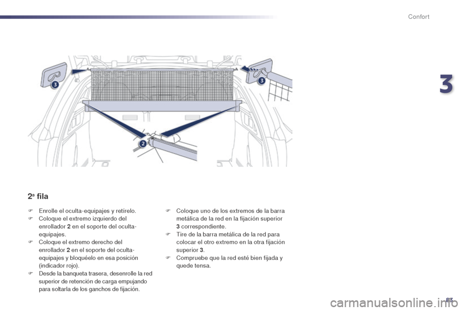 Peugeot 508 Hybrid 2014  Manual del propietario (in Spanish) 83
508_es_Chap03_confort_ed02-2014
F Enrolle el oculta-equipajes y retírelo.
F C oloque el extremo izquierdo del 
enrollador 2
  en el soporte del oculta-
equipajes.
F
 
C
 oloque el extremo derecho 