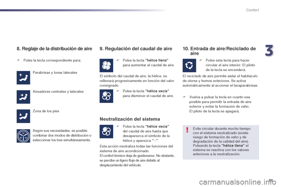 Peugeot 508 Hybrid 2014 Manual del propietario (in Spanish) 91
508_es_Chap03_confort_ed02-2014
8. Reglaje de la distribución de aire
F Pulse la tecla correspondiente para:Parabrisas y lunas laterales
Aireadores centrales y laterales
Zona de los pies
Según su Peugeot 508 Hybrid 2014 Manual del propietario (in Spanish) 91
508_es_Chap03_confort_ed02-2014
8. Reglaje de la distribución de aire
F Pulse la tecla correspondiente para:Parabrisas y lunas laterales
Aireadores centrales y laterales
Zona de los pies
Según su