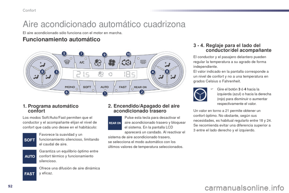 Peugeot 508 Hybrid 2014 Manual del propietario (in Spanish) 92
508_es_Chap03_confort_ed02-2014
Aire acondicionado automático cuadrizona
Funcionamiento automático
1. Programa automático confort
Los modos Soft /Auto/Fast permiten que el
conductor y el acom Peugeot 508 Hybrid 2014 Manual del propietario (in Spanish) 92
508_es_Chap03_confort_ed02-2014
Aire acondicionado automático cuadrizona
Funcionamiento automático
1. Programa automático confort
Los modos Soft /Auto/Fast permiten que el
conductor y el acom