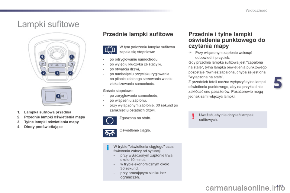 Peugeot 508 Hybrid 2014 Instrukcja Obsługi (in Polish) 153
508_pl_Chap05_visibilite_ed02-2014
1. Lampka sufitowa przednia
2. Przednie lampki oświetlenia mapy
3.
T
ylne lampki oświetlenia mapy
4.
Di
ody podświetlające
Lampki sufitowe
W tym położe Peugeot 508 Hybrid 2014 Instrukcja Obsługi (in Polish) 153
508_pl_Chap05_visibilite_ed02-2014
1. Lampka sufitowa przednia
2. Przednie lampki oświetlenia mapy
3.
T
ylne lampki oświetlenia mapy
4.
Di
ody podświetlające
Lampki sufitowe
W tym położe