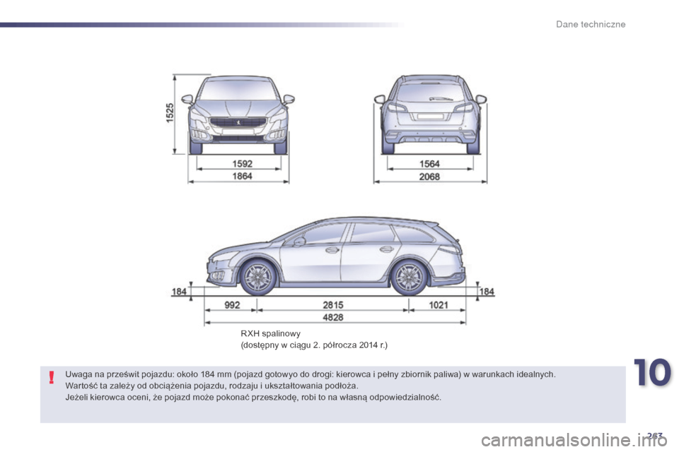 Peugeot 508 Hybrid 2014 Instrukcja Obsługi (in Polish) 263
508_pl_Chap10_caracteristiques-techniques_ed02-2014
RXH spalinowy
(dostępny w ciągu 2. półrocza 2014 r.)
Uwaga na prześwit pojazdu: około 184
mm (pojazd gotowyo do drogi: kierowca i pełn Peugeot 508 Hybrid 2014 Instrukcja Obsługi (in Polish) 263
508_pl_Chap10_caracteristiques-techniques_ed02-2014
RXH spalinowy
(dostępny w ciągu 2. półrocza 2014 r.)
Uwaga na prześwit pojazdu: około 184
mm (pojazd gotowyo do drogi: kierowca i pełn
