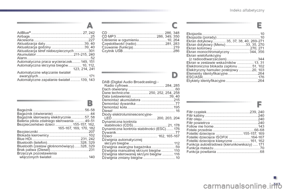 Peugeot 508 Hybrid 2014 Instrukcja Obsługi (in Polish) 367
508_pl_Chap13_index-alpha_ed02-2014
AdBlue® ................................................... 27, 242
Airbags ............... ............................................. 25
Akcesoria
....... Peugeot 508 Hybrid 2014 Instrukcja Obsługi (in Polish) 367
508_pl_Chap13_index-alpha_ed02-2014
AdBlue® ................................................... 27, 242
Airbags ............... ............................................. 25
Akcesoria
.......
