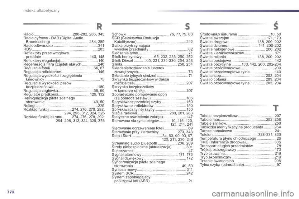 Peugeot 508 Hybrid 2014  Instrukcja Obsługi (in Polish) 370
508_pl_Chap13_index-alpha_ed02-2014
Radio .....................................280 -282, 286, 345
Radio cyfrowe - DAB (Digital Audio  Broadcasting) 
 ................................... 2

84, 285