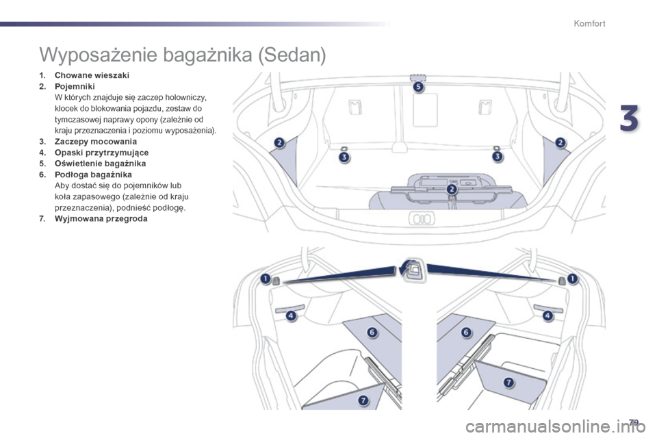 Peugeot 508 Hybrid 2014 Instrukcja Obsługi (in Polish) 79
508_pl_Chap03_confort_ed02-2014
Wyposażenie bagażnika (Sedan)
1. Chowane wieszaki
2. Pojemniki
W których znajduje się zaczep holowniczy,
klocek do blokowania pojazdu, zestaw do
tymczasowej n Peugeot 508 Hybrid 2014 Instrukcja Obsługi (in Polish) 79
508_pl_Chap03_confort_ed02-2014
Wyposażenie bagażnika (Sedan)
1. Chowane wieszaki
2. Pojemniki
W których znajduje się zaczep holowniczy,
klocek do blokowania pojazdu, zestaw do
tymczasowej n