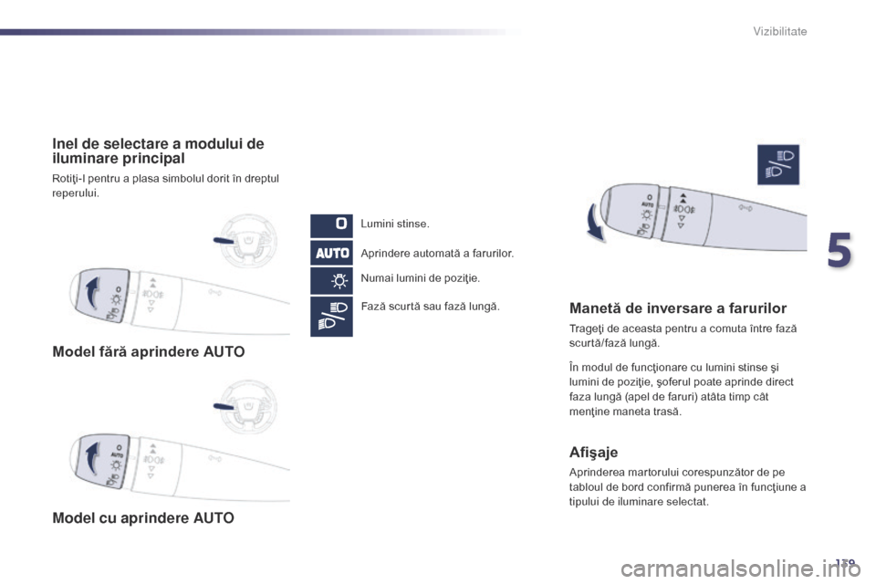 Peugeot 508 Hybrid 2014 Manualul de utilizare (in Romanian) 139
508_ro_Chap05_visibilite_ed02-2014
Model fără aprindere AUTO
Model cu aprindere AUTO Inel de selectare a modului de
iluminare principal
Rotiţi-l pentru a plasa simbolul dorit în dreptul
repe Peugeot 508 Hybrid 2014 Manualul de utilizare (in Romanian) 139
508_ro_Chap05_visibilite_ed02-2014
Model fără aprindere AUTO
Model cu aprindere AUTO Inel de selectare a modului de
iluminare principal
Rotiţi-l pentru a plasa simbolul dorit în dreptul
repe