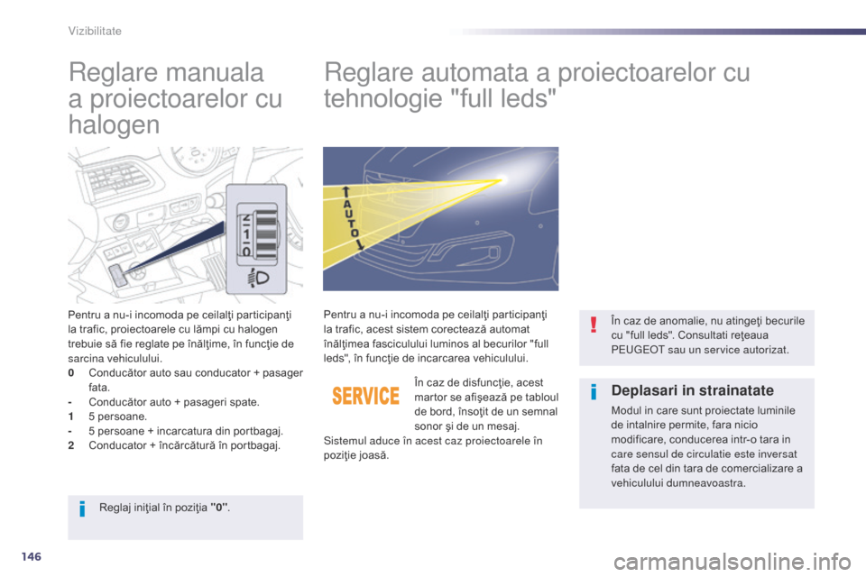 Peugeot 508 Hybrid 2014 Manualul de utilizare (in Romanian) 146
508_ro_Chap05_visibilite_ed02-2014
Reglare manuala
a proiectoarelor cu
halogenReglare automata a proiectoarelor cu
tehnologie "full leds"
Pentru a nu-i incomoda pe ceilalţi participanţi
la t Peugeot 508 Hybrid 2014 Manualul de utilizare (in Romanian) 146
508_ro_Chap05_visibilite_ed02-2014
Reglare manuala
a proiectoarelor cu
halogenReglare automata a proiectoarelor cu
tehnologie "full leds"
Pentru a nu-i incomoda pe ceilalţi participanţi
la t