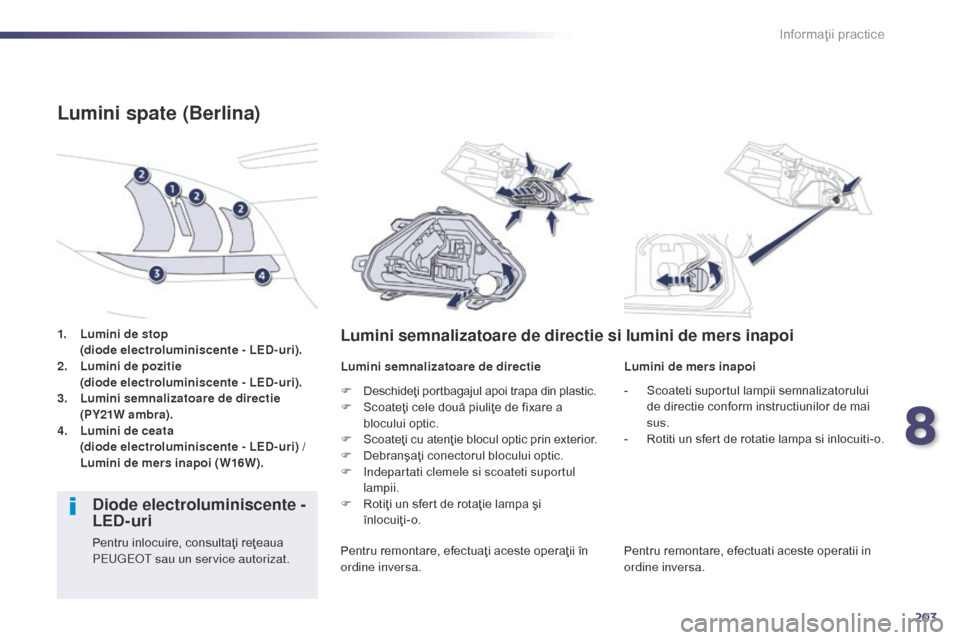 Peugeot 508 Hybrid 2014 Manualul de utilizare (in Romanian) 203
508_ro_Chap08_info-pratiques_ed02-2014
1. Lumini de stop
( diode electroluminiscente - LED-uri).
2.
L
umini de pozitie
(
diode electroluminiscente - LED-uri).
3.
L
umini semnalizatoar Peugeot 508 Hybrid 2014 Manualul de utilizare (in Romanian) 203
508_ro_Chap08_info-pratiques_ed02-2014
1. Lumini de stop
( diode electroluminiscente - LED-uri).
2.
L
umini de pozitie
(
diode electroluminiscente - LED-uri).
3.
L
umini semnalizatoar