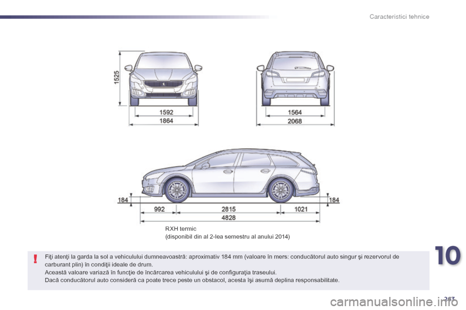 Peugeot 508 Hybrid 2014 Manualul de utilizare (in Romanian) 263
508_ro_Chap10_caracteristiques-techniques_ed02-2014
R XH termic
(disponibil din al 2-lea semestru al anului 2014)
Fiţi atenţi la garda la sol a vehiculului dumneavoastră: aproximativ 184 mm (va Peugeot 508 Hybrid 2014 Manualul de utilizare (in Romanian) 263
508_ro_Chap10_caracteristiques-techniques_ed02-2014
R XH termic
(disponibil din al 2-lea semestru al anului 2014)
Fiţi atenţi la garda la sol a vehiculului dumneavoastră: aproximativ 184 mm (va