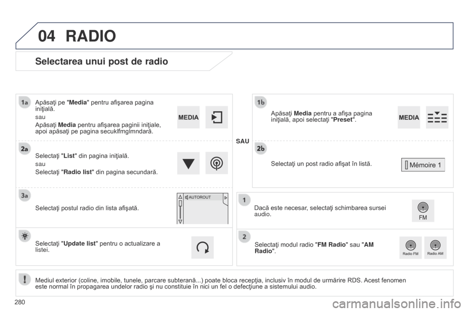 Peugeot 508 Hybrid 2014 Manualul de utilizare (in Romanian) 280
04
508_ro_Chap11c_SMEGplus-i_ed02-2014
Selectarea unui post de radio
Mediul exterior (coline, imobile, tunele, parcare subterană...) poate bloca recepţia, inclusiv în modul de urmărire RDS. Ac Peugeot 508 Hybrid 2014 Manualul de utilizare (in Romanian) 280
04
508_ro_Chap11c_SMEGplus-i_ed02-2014
Selectarea unui post de radio
Mediul exterior (coline, imobile, tunele, parcare subterană...) poate bloca recepţia, inclusiv în modul de urmărire RDS. Ac