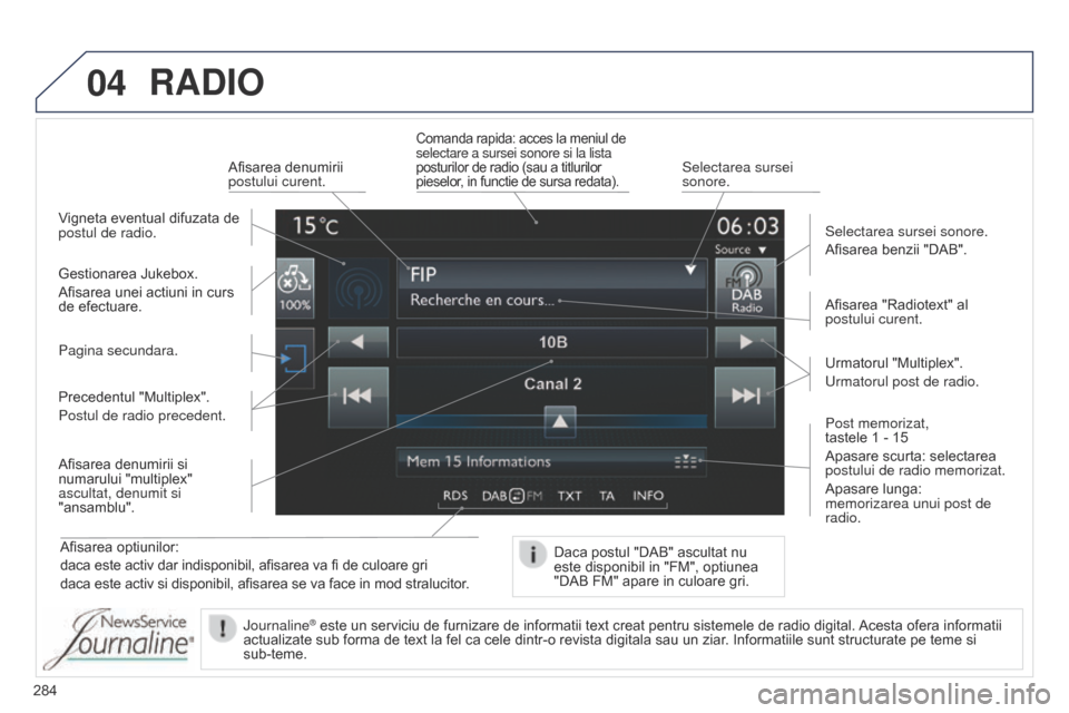 Peugeot 508 Hybrid 2014 Manualul de utilizare (in Romanian) 284
04
508_ro_Chap11c_SMEGplus-i_ed02-2014
RADIO
Afisarea optiunilor:
daca este activ dar indisponibil, afisarea va fi de culoare gri
daca este activ si disponibil, afisarea se va face in mod straluci Peugeot 508 Hybrid 2014 Manualul de utilizare (in Romanian) 284
04
508_ro_Chap11c_SMEGplus-i_ed02-2014
RADIO
Afisarea optiunilor:
daca este activ dar indisponibil, afisarea va fi de culoare gri
daca este activ si disponibil, afisarea se va face in mod straluci