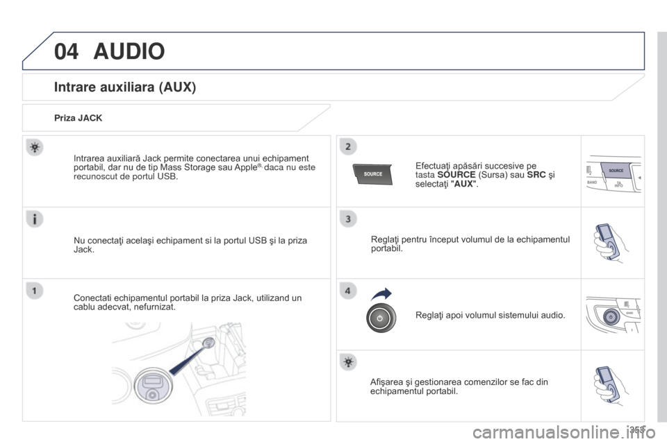 Peugeot 508 Hybrid 2014 Manualul de utilizare (in Romanian) 353
04AUDIO
Intrare auxiliara (AUX)
Priza JACKNu conectaţi acelaşi echipament si la portul USB şi la priza
Jack. Intrarea auxiliară Jack permite conectarea unui echipament
portabil, dar nu de ti Peugeot 508 Hybrid 2014 Manualul de utilizare (in Romanian) 353
04AUDIO
Intrare auxiliara (AUX)
Priza JACKNu conectaţi acelaşi echipament si la portul USB şi la priza
Jack. Intrarea auxiliară Jack permite conectarea unui echipament
portabil, dar nu de ti
