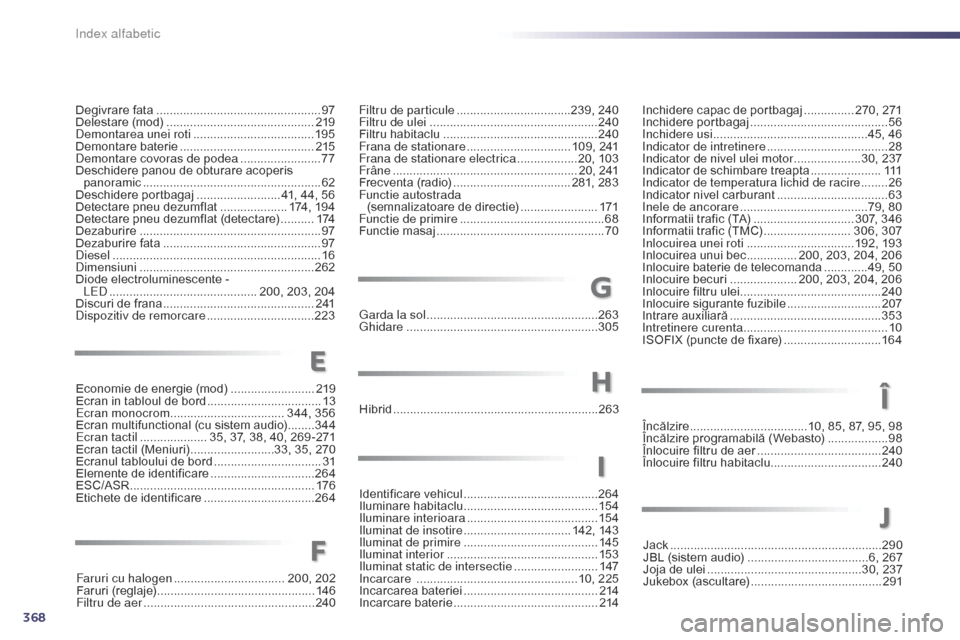 Peugeot 508 Hybrid 2014  Manualul de utilizare (in Romanian) 368
Filtru de particule ..................................2 39, 240
Filtru de ulei   .................................................. 240
Filtru habitaclu
 

........................................