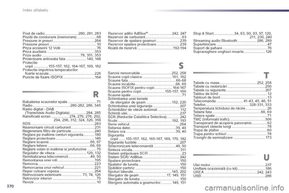 Peugeot 508 Hybrid 2014  Manualul de utilizare (in Romanian) 370
Stop & Start .................... 34, 63, 90, 93, 97, 120, 
211, 230, 240
Streaming audio Bluetooth
 

..................286, 289
Superblocare
 

..................................................
