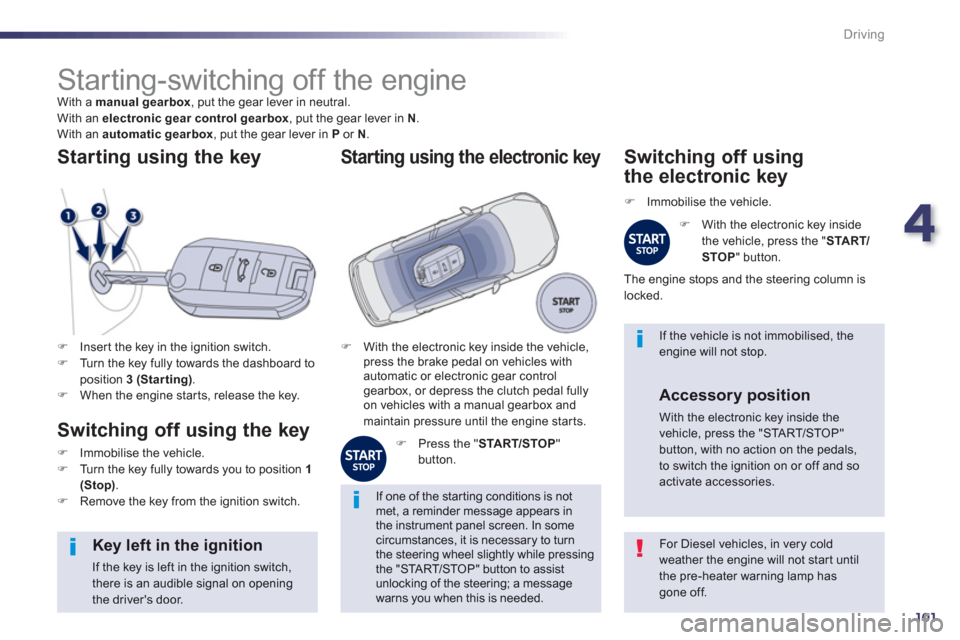Peugeot 508 Hybrid 2013  Owners Manual 4
101
Driving
   
 
 
 
 
 
 
 
 
 
 
Starting-switching off the engine  
With a  manual gearbox 
, put the gear lever in neutral.
  With an electronic gear control gearbox, put the gear lever in N.
 