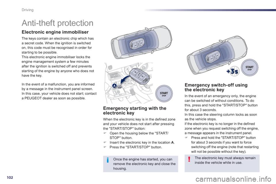 Peugeot 508 Hybrid 2013  Owners Manual 102
Driving
   
 
 
 
 
 
 
 
 
 
 
Anti-theft protection  
Electronic engine immobiliser 
The keys contain an electronic chip which has a secret code. When the ignition is switched 
on, this code mus