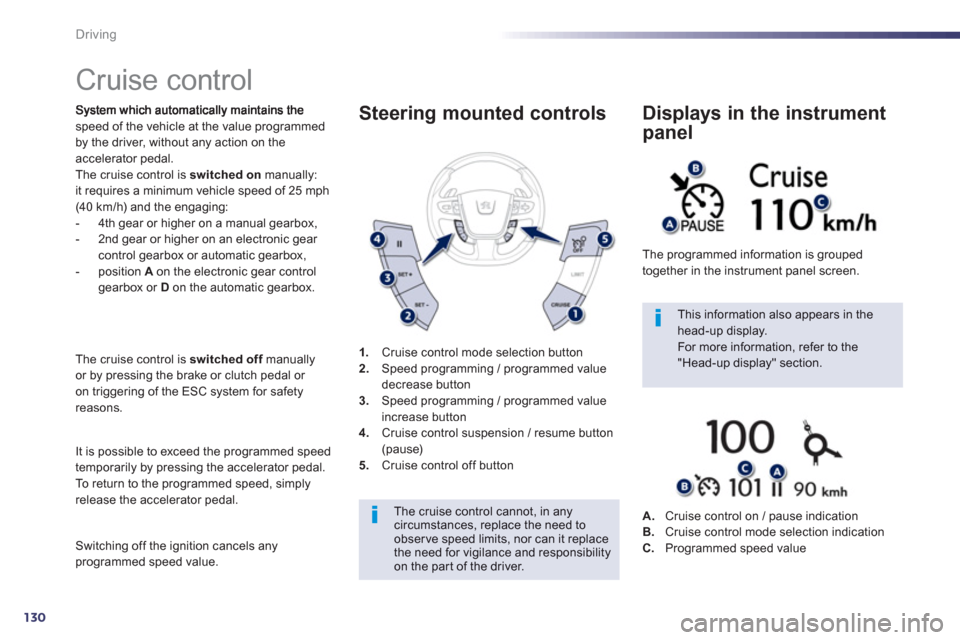 Peugeot 508 Hybrid 2013  Owners Manual 130
Driving
   
 
 
 
 
Cruise control 
speed of the vehicle at the value programmed 
by the driver, without any action on the 
accelerator pedal. The cruise control is switched on 
 manually: 
it req