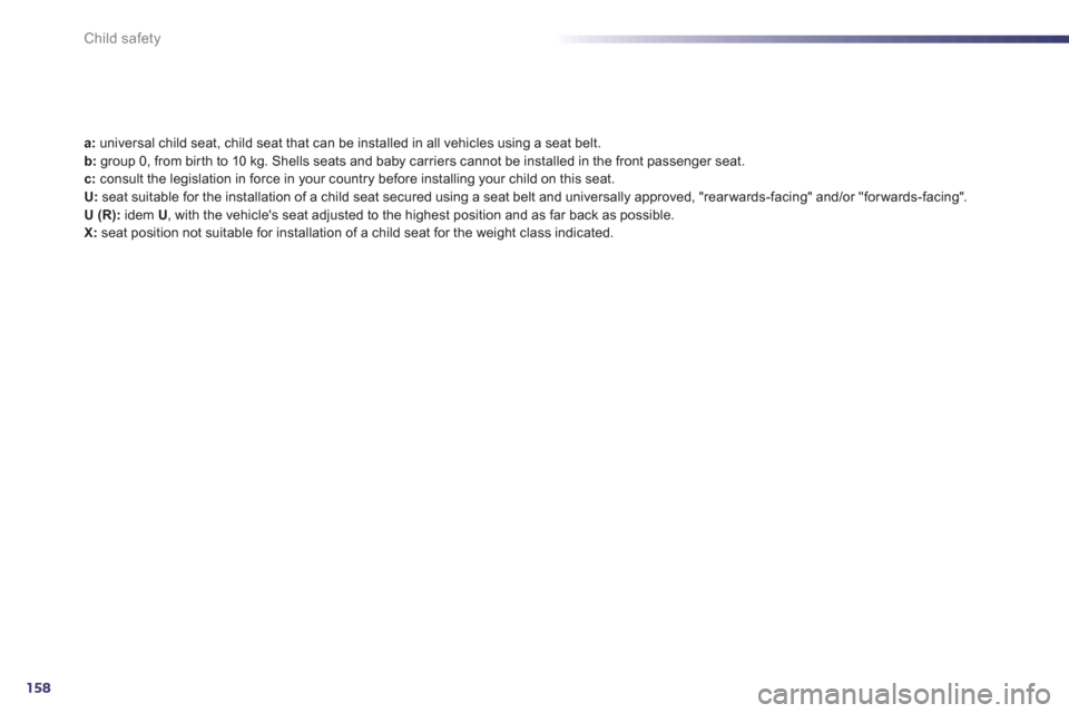 Peugeot 508 Hybrid 2013  Owners Manual 158
Child safety
a:   universal child seat, child seat that can be installed in all vehicles using a seat belt. b: 
 group 0, from bir th to 10 kg. Shells seats and baby carriers cannot be installed i