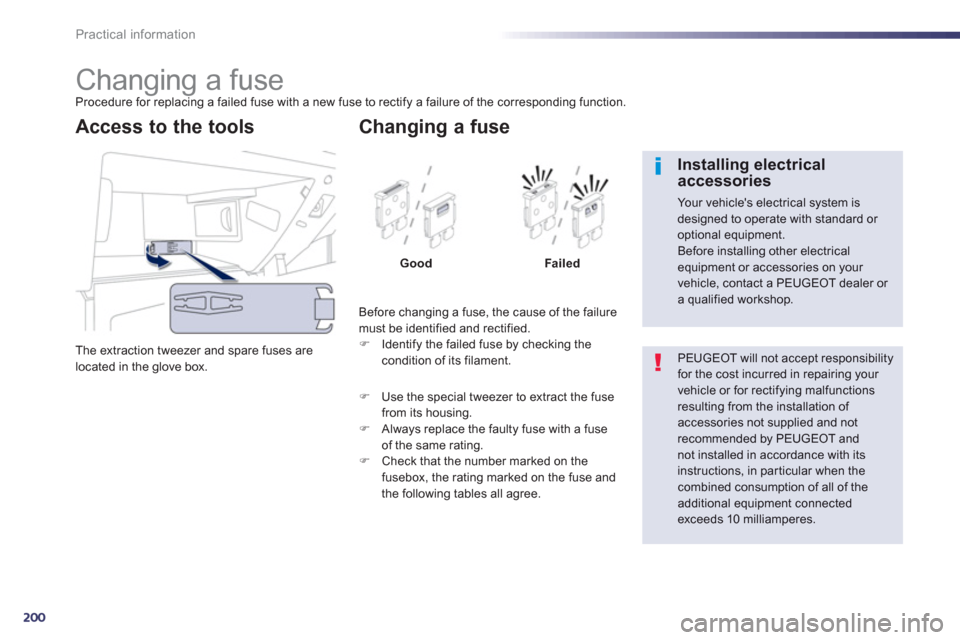 Peugeot 508 Hybrid 2013  Owners Manual 200
Practical information
   
 
 
 
 
 
 
 
 
 
 
 
 
 
 
 
 
 
 
 
Changing a fuse Procedure for replacing a failed fuse with a new fuse to rectify a failure of the corresponding function.
The extrac