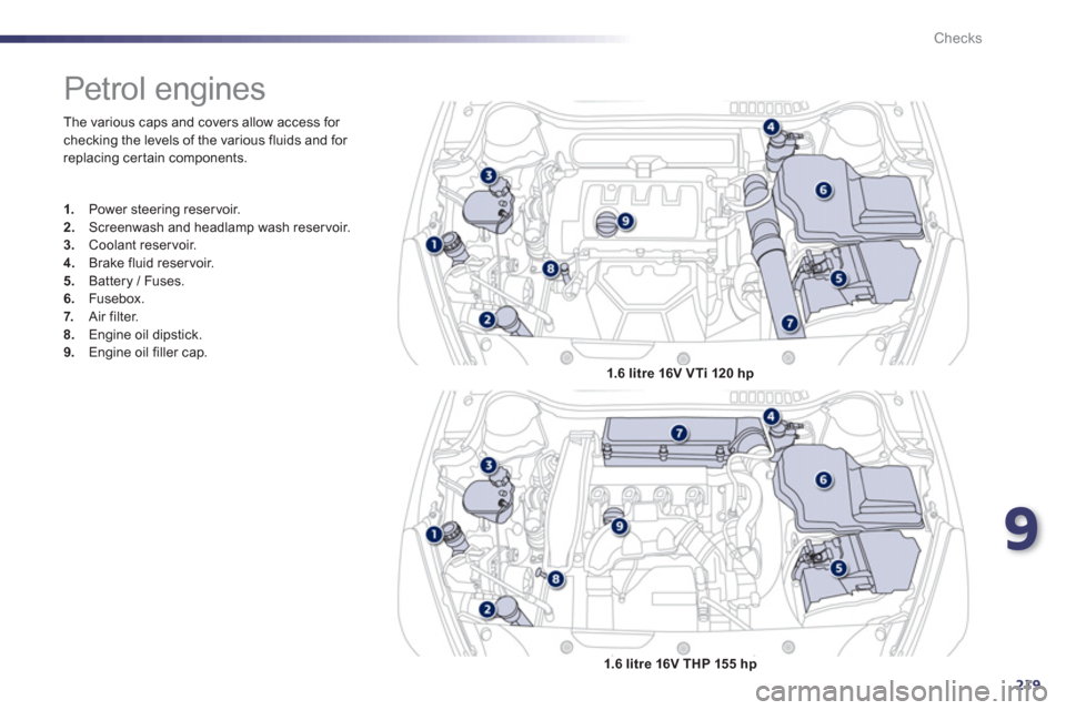 Peugeot 508 Hybrid 2013  Owners Manual 9
219
Checks
  The various caps and covers allow access for checking the levels of the various fluids and for 
replacing cer tain components. 
   
 
 
 
 
 
 
 
 
 
 
 
 
 
Petrol engines 
1. 
 Power 