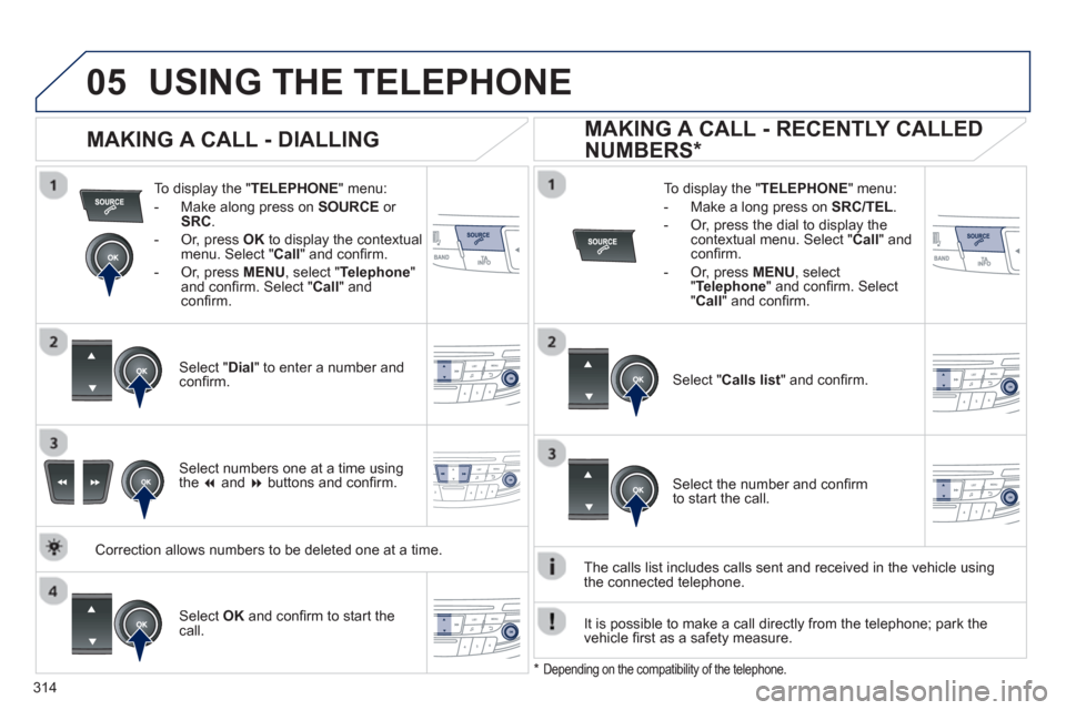 Peugeot 508 Hybrid 2013  Owners Manual 314
 
  
05USING THE TELEPHONE
To display the " TELEPHONE  " menu:
-  Make alon
g press on SOURCE 
 or 
SRC .
-  Or, press OKto display the contextualmenu. Select " Call 
" and conﬁ rm. 
-  
Or, pre