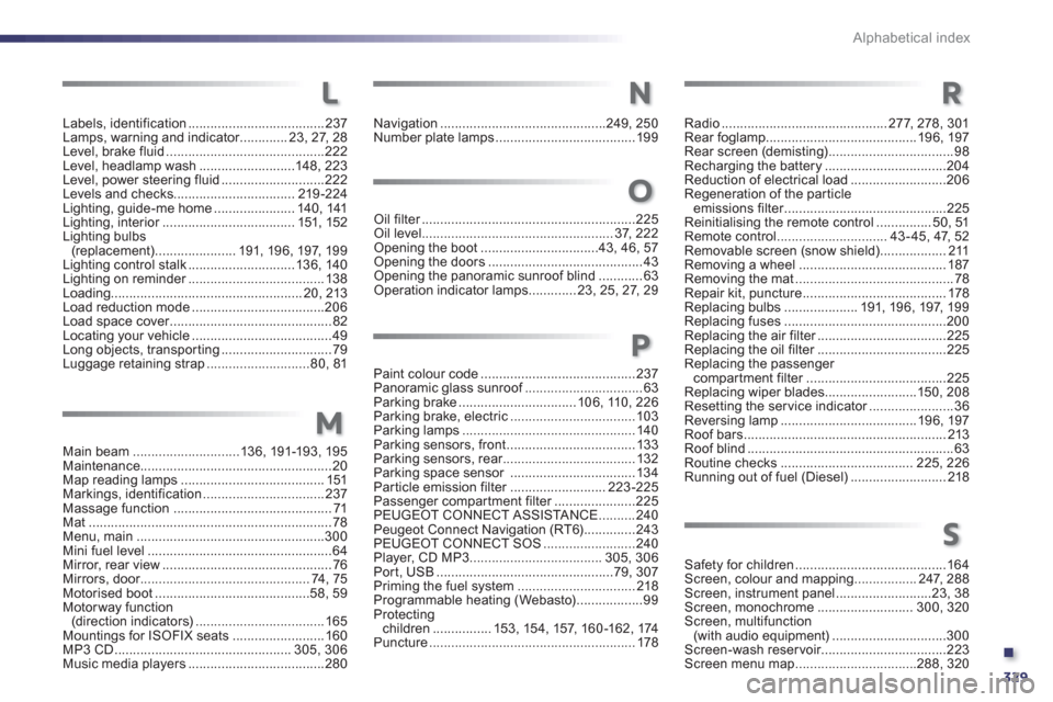 Peugeot 508 Hybrid 2013  Owners Manual .
329
Alphabetical index
Labels, identification.....................................237Lamps, warning and indicator.............r23, 27, 28Level, brake fluid...........................................