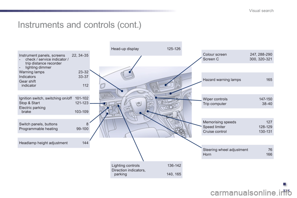 Peugeot 508 Hybrid 2013  Owners Manual .
335
Visual search
Hazard warning lamps 165  
Ignition switch, switching on/of f  101-102 Stop & St ar t 121-123Electric parking brake 103-109
Instrument panels, screens 22, 34-35 -  check / ser vice