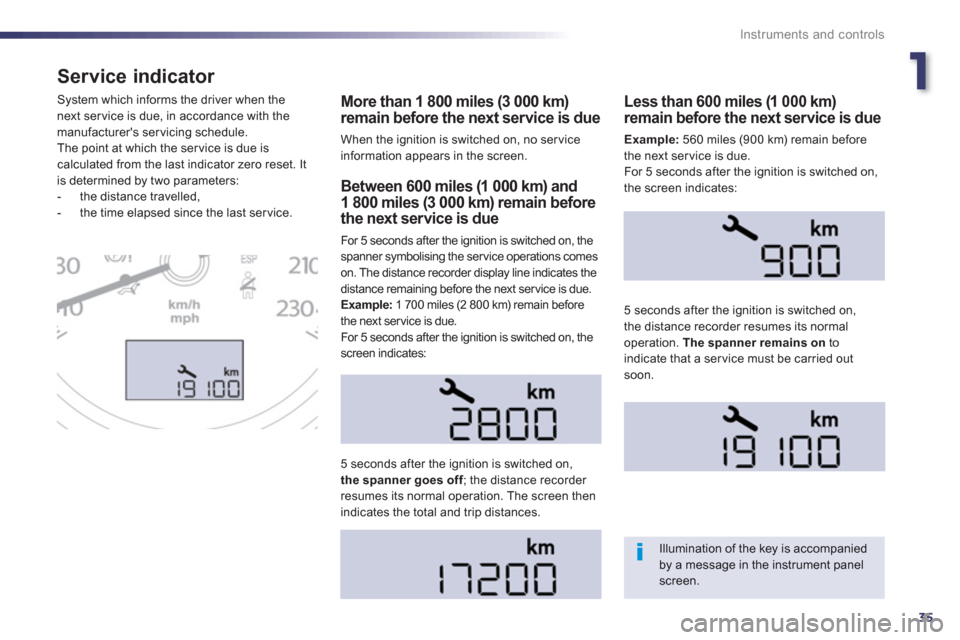 Peugeot 508 Hybrid 2013  Owners Manual 1
35
Instruments and controls
Service indicator 
More than 1 800 miles (3 000 km)remain before the next service is due 
When the ignition is switched on, no ser vice information appears in the screen.