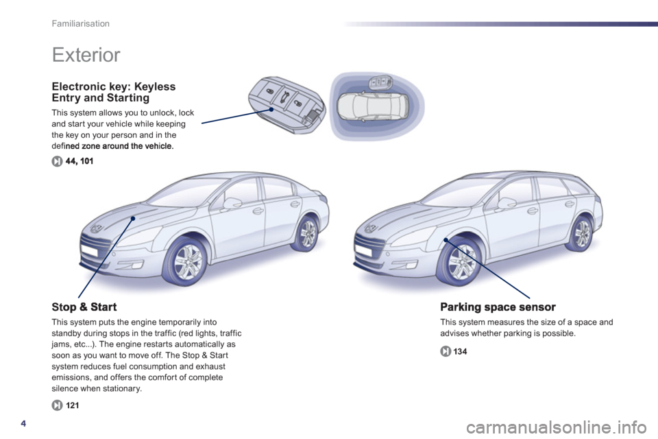 Peugeot 508 Hybrid 2013  Owners Manual 4
Familiarisation
Electronic key: KeylessEntry and Starting 
This system allows you to unlock, lockand star t your vehicle while keepingthe key on your person and in the defined zone around the vehicl