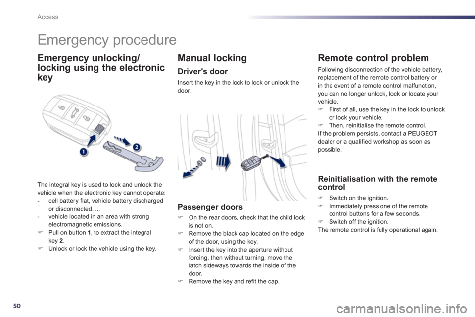 Peugeot 508 Hybrid 2013  Owners Manual 50
Access
   
 
 
 
 
Emergency procedure 
Emergency unlocking/
locking 
 
 using the electronic 
ke
y 
The integral key is used to lock and unlock the 
vehicle when the electronic key cannot operate: