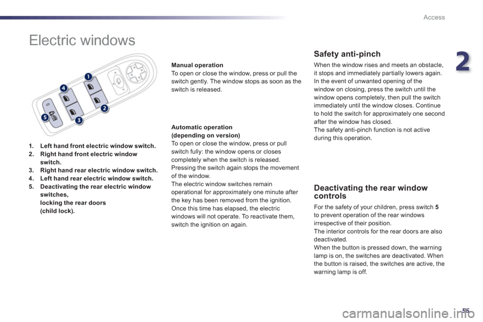 Peugeot 508 Hybrid 2013  Owners Manual 2
55
Access
  Electric windows 
1.Left hand front electric window switch.2.Right hand front electric window 
switch.3.Right hand rear electric window switch.4.Left hand rear electric window switch.5.D