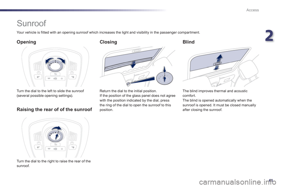 Peugeot 508 Hybrid 2013  Owners Manual 2
61
Access
   
 
 
 
 
 
 
 
Sunroof 
 
 
Opening 
 
Turn the dial to the left to slide the sunroof (several possible opening settings).
 
 
Blind
 
The blind improves thermal and acoustic comfort.
 