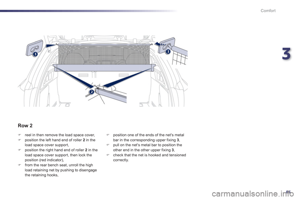 Peugeot 508 Hybrid 2013 User Guide 3
85
Comfort
�)reel in then remove the load space cover, �)position the left hand end of roller  2   in the load space cover suppor t, �)position the right hand end of roller  2 
 in theload space cov