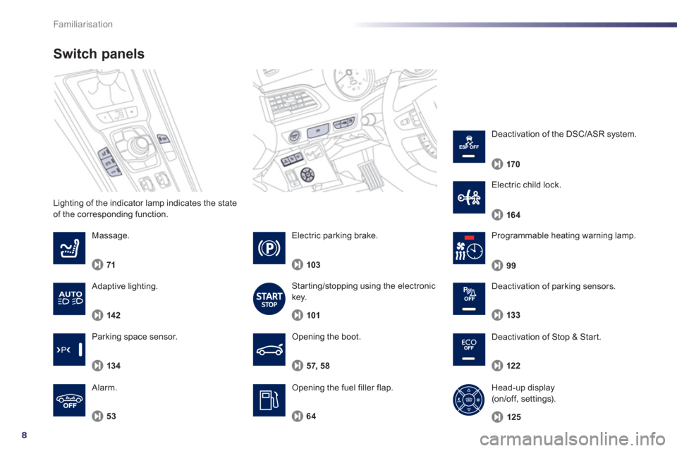 Peugeot 508 Hybrid 2013  Owners Manual 8
Familiarisation
Lighting of the indicator lamp indicates the state 
of the corresponding function. 
Switch panels 
Opening the boot.
Opening the fuel filler flap.  57, 58    
Massa
ge.
7
1
53
   
Al