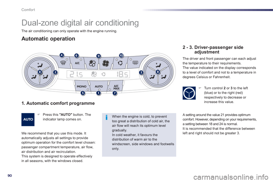 Peugeot 508 Hybrid 2013  Owners Manual 90
Comfort
   
 
 
 
 
Dual-zone digital air conditioning 
Automatic operation 
1. Automatic comfort programme 
�) 
 Press this  "AU TO "button. Theindicator lamp comes on.
We recommend that you use t
