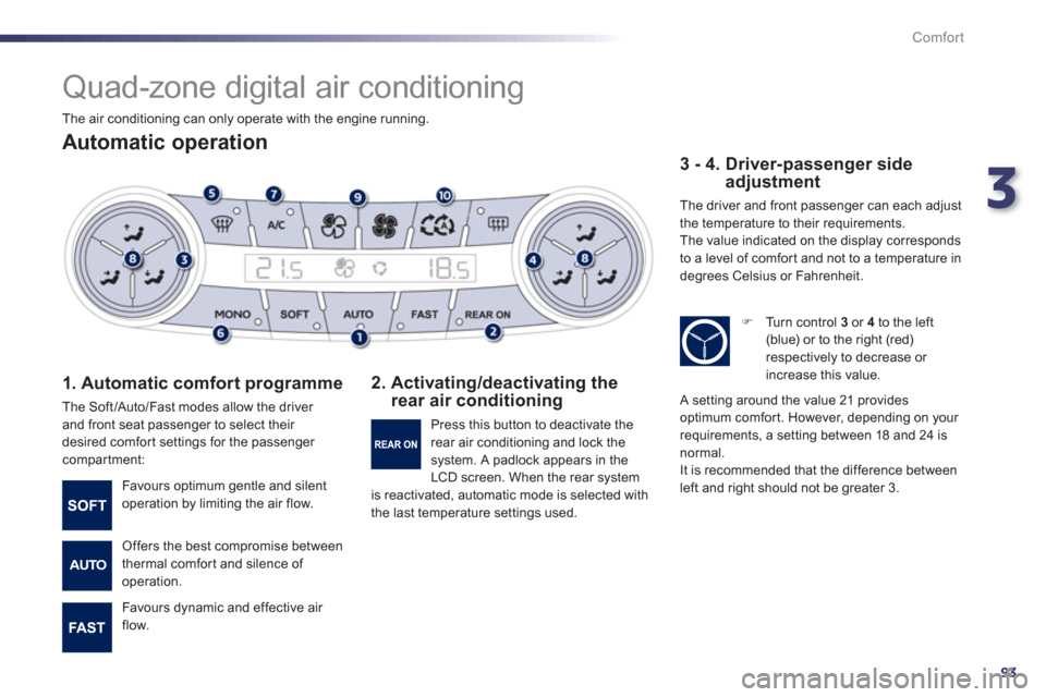 Peugeot 508 Hybrid 2013  Owners Manual 3
93
Comfort
   
 
 
 
 
Quad-zone digital air conditioning 
 
 Automatic operation
 
 
1. Automatic comfort programme 
 
The Soft/Auto/Fast modes allow the driver 
and front seat passenger to select 