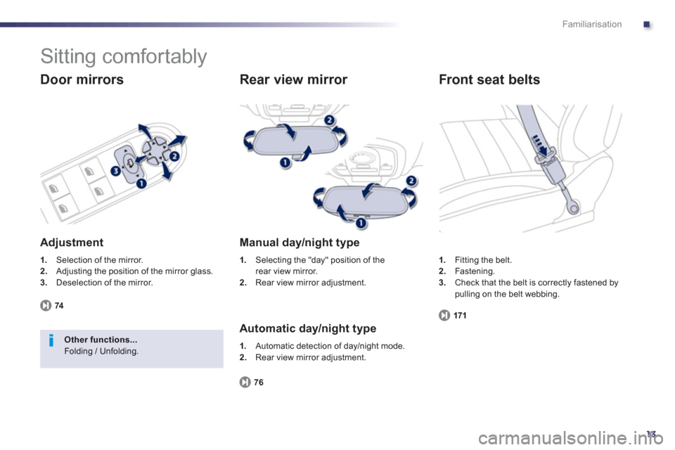 Peugeot 508 Hybrid 2013   - RHD (UK, Australia) User Guide .
13
Familiarisation
  Sitting comfortably 
 
 
Door mirrors
 
 
Adjustment
1. 
 Selection of the mirror. 2.Adjusting the position of the mirror glass. 3.Deselection of the mirror.  
7
4
Other functio