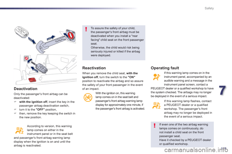 Peugeot 508 Hybrid 2013  Owners Manual - RHD (UK, Australia) 7
175
Safety
   
Deactivation
 Only the passengers front airbag can be deactivated:Fwith the ignition off, inser t the key in thefpassenger airbag deactivation switch, F 
 turn it to the "OFF"positio