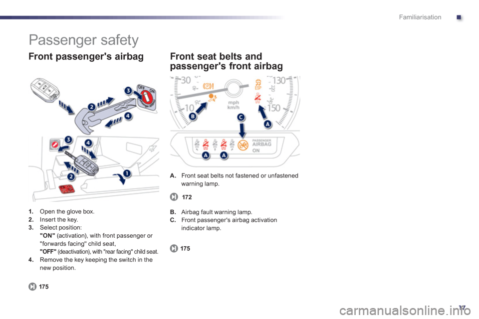 Peugeot 508 Hybrid 2013  Owners Manual - RHD (UK, Australia) .
17
Familiarisation
  Passenger safety 
1. 
 Open the glove box. 2.Inser t the key. 3.Select position:"ON"(activation), with front passenger or 
"for wards facing" child seat,  "OFF"(deactivation), w