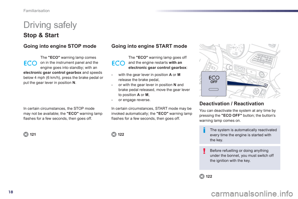 Peugeot 508 Hybrid 2013   - RHD (UK, Australia) User Guide 18
Familiarisation
  Driving safely 
Stop & Start
Going into engine STOP mode 
121
 
The  "ECO"warning lamp comes
on in the instrument panel and the 
engine goes into standby; with anelectronic gear c