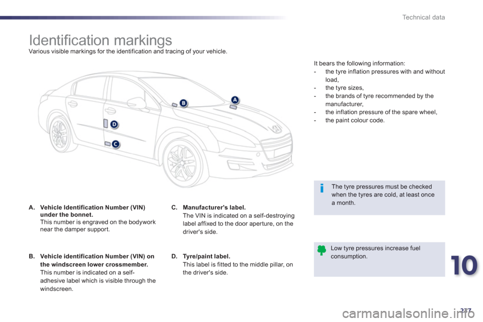 Peugeot 508 Hybrid 2013  Owners Manual - RHD (UK, Australia) 10
237
Technical data
   
 
 
 
 
 
 
 
 
 
 
 
 
 
 
 
 
 
 
 
 
 
 
Identiﬁ cation markings  
Various visible markings for the identification and tracing of your vehicle.
A.Vehicle Identification 