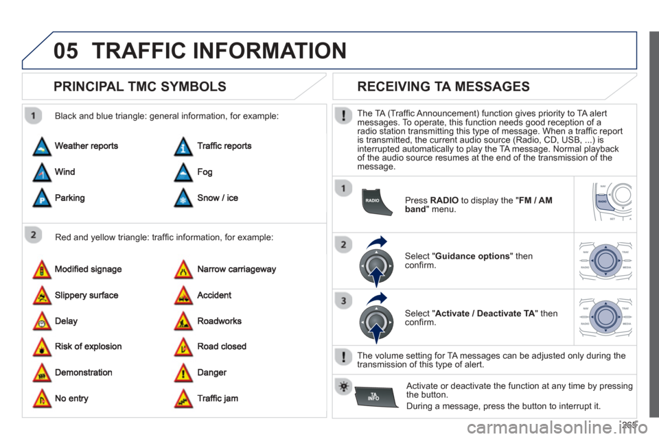 Peugeot 508 Hybrid 2013  Owners Manual - RHD (UK, Australia) 
265
05TRAFFIC INFORMATION
       
PRINCIPAL TMC SYMBOLS 
  Red and yellow triangle: trafﬁ c information, for example: 
  Black and blue trian
gle: general information, for example: 
       
RECEIVI