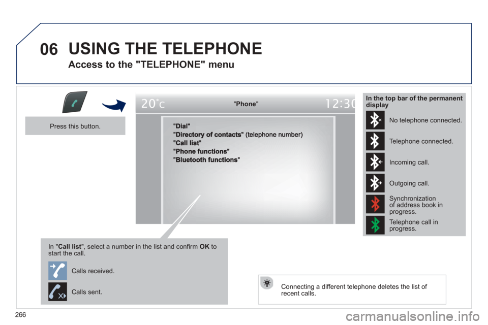 Peugeot 508 Hybrid 2013  Owners Manual - RHD (UK, Australia) 
266
06 USING THE TELEPHONE
  
Access to the "TELEPHONE" menu 
"""""""oePhonePhonePhonePhonePhonePhonePhonePhonePhonePhonePhonePhonePhonePhonePhPhPhPh"""""""
  Press this button.  
In "Call list ", se