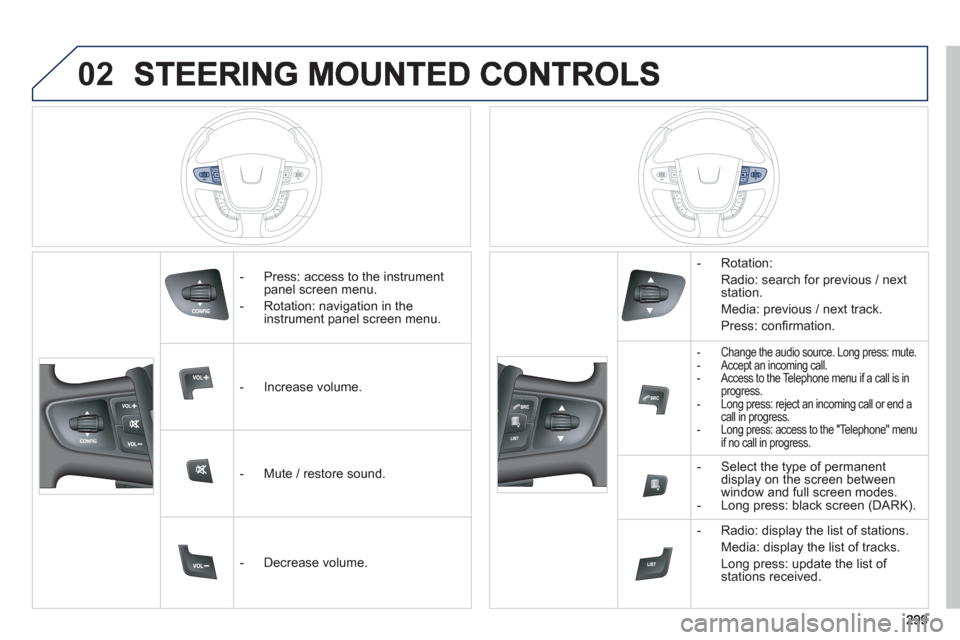 Peugeot 508 Hybrid 2013 Owners Manual - RHD (UK, Australia) 02
- Press: access to the instrumentpanel screen menu.
- Rotation: navi
gation in the
instrument panel screen menu.
- In
crease volume.
- Mute
/ restore sound.
- D Peugeot 508 Hybrid 2013 Owners Manual - RHD (UK, Australia) 02
- Press: access to the instrumentpanel screen menu.
- Rotation: navi
gation in the
instrument panel screen menu.
- In
crease volume.
- Mute
/ restore sound.
- D
