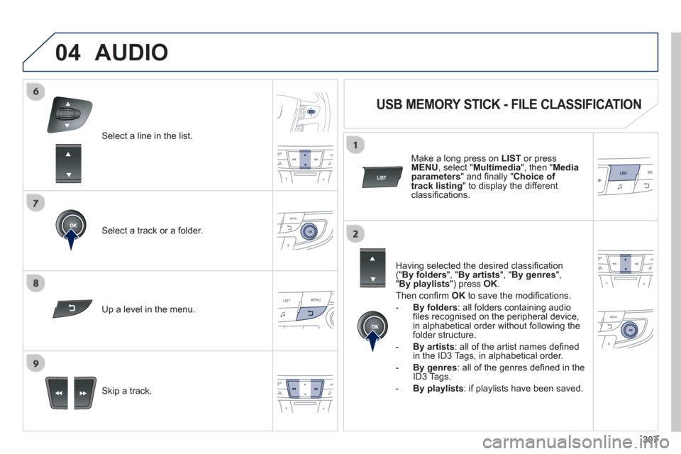 Peugeot 508 Hybrid 2013 Owners Manual - RHD (UK, Australia) 307
04
Select a line in the list.
Select a track or a folder.
Skip a track.
Up a level in the menu.
AUDIO
USB MEMORY STICK - FILE CLASSIFICATION
Having selected the des Peugeot 508 Hybrid 2013 Owners Manual - RHD (UK, Australia) 307
04
Select a line in the list.
Select a track or a folder.
Skip a track.
Up a level in the menu.
AUDIO
USB MEMORY STICK - FILE CLASSIFICATION
Having selected the des